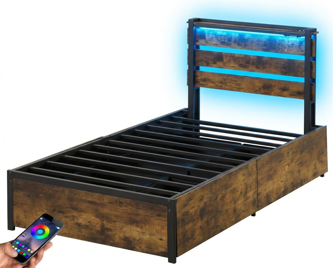 Twin LED Bed Frame with App Control, Rustic Brown Beds & Bed Frames Rustic Brown at Gallery Canada