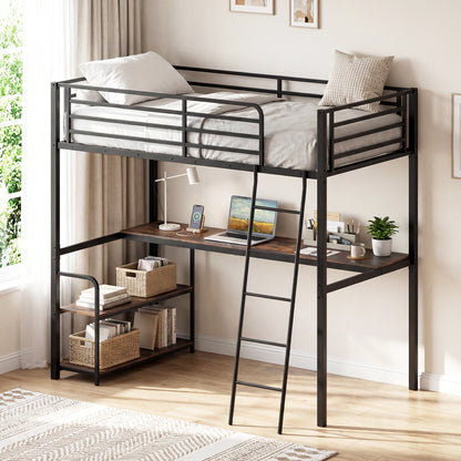 Twin Loft Bed With Desk, Shelves, Brown Bunk Bed Frame at Gallery Canada