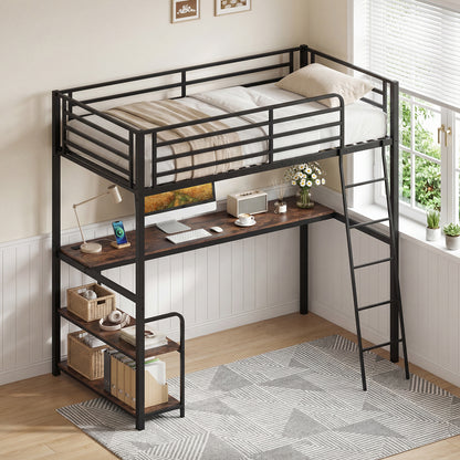 Twin Loft Bed With Desk, Shelves, Brown Bunk Bed Frame at Gallery Canada
