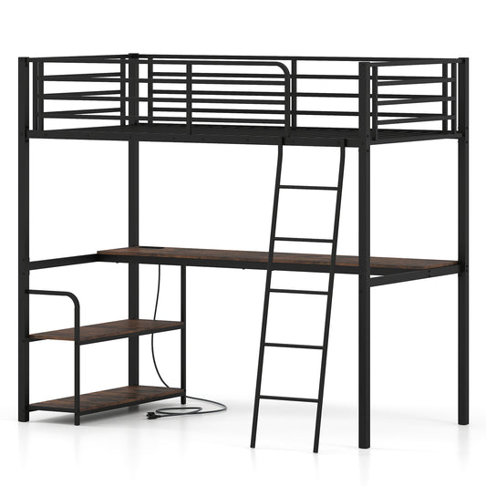 Twin Loft Bed With Desk, Shelves, Brown Bunk Bed Frame Rustic Brown at Gallery Canada