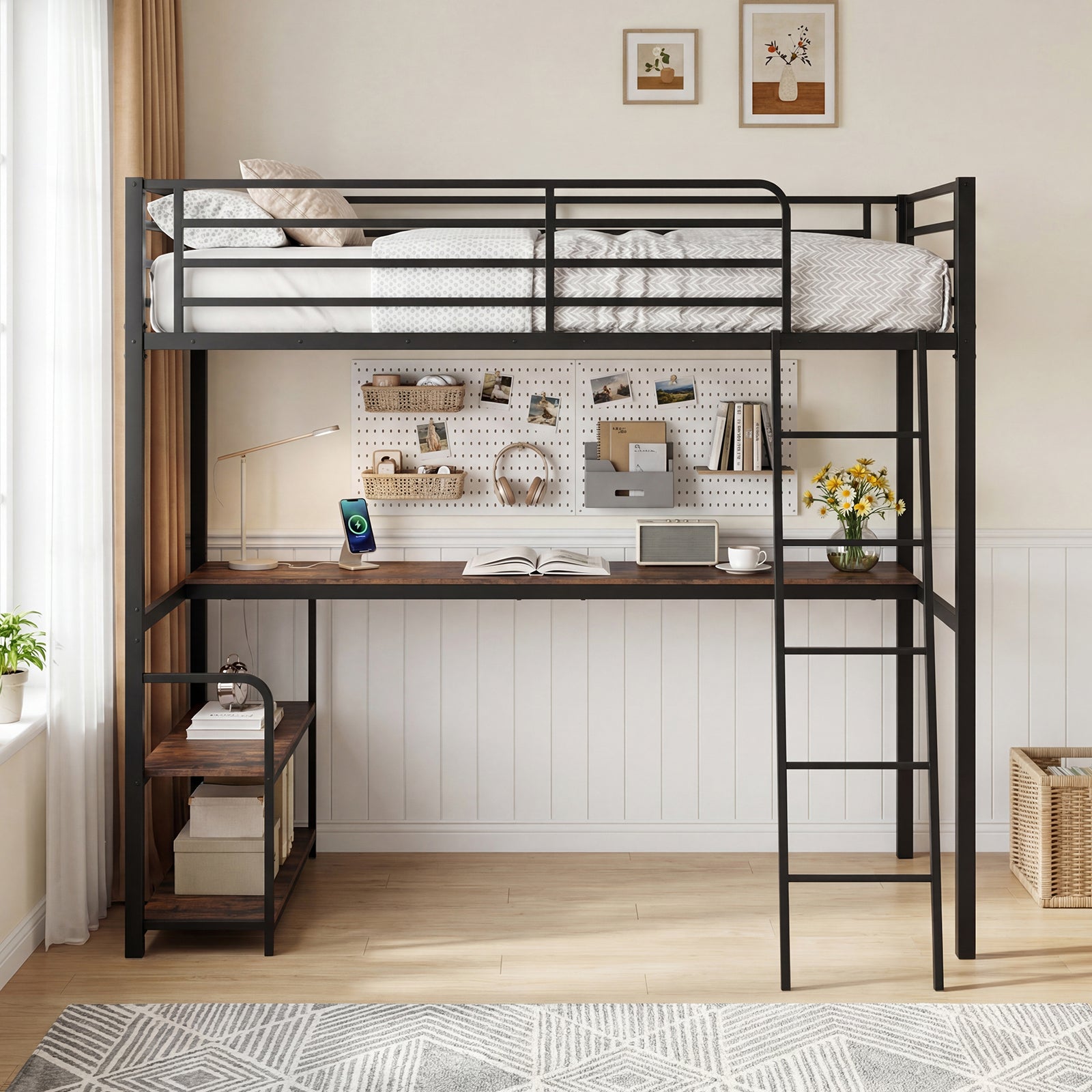 Twin Loft Bed With Desk, Shelves, Brown Bunk Bed Frame at Gallery Canada