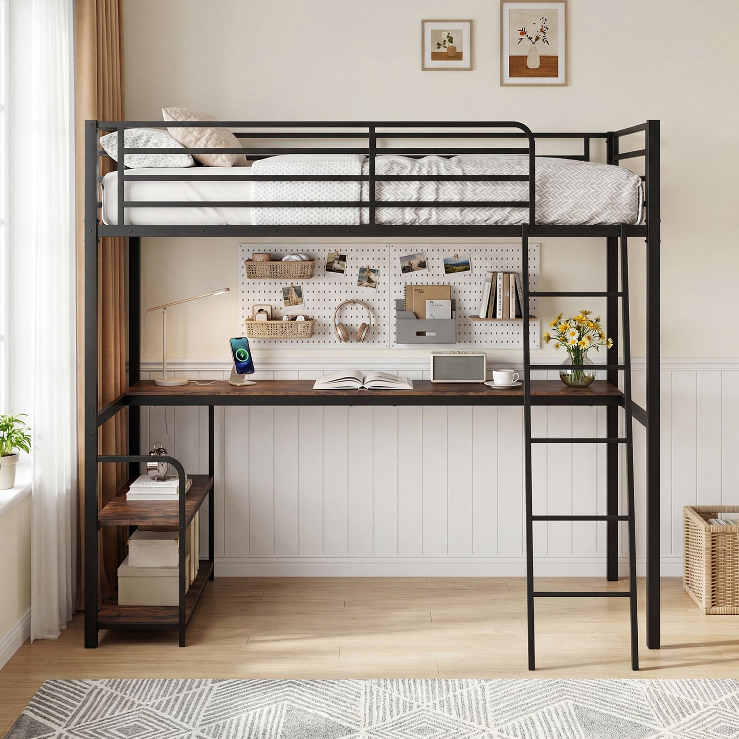 Twin Loft Bed With Desk, Shelves, Brown Bunk Bed Frame at Gallery Canada