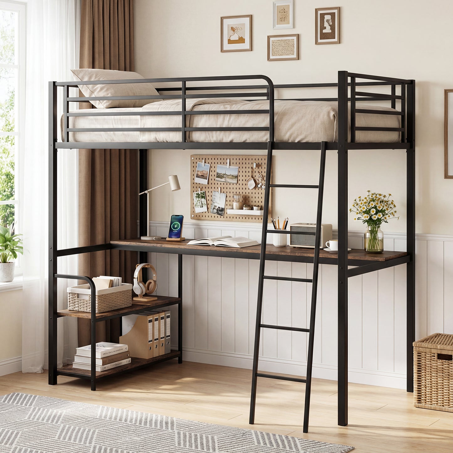 Twin Loft Bed With Desk, Shelves, Brown Bunk Bed Frame at Gallery Canada