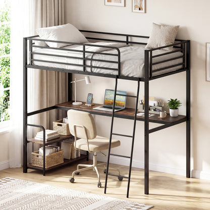 Twin Loft Bed With Desk, Shelves, Brown Bunk Bed Frame at Gallery Canada