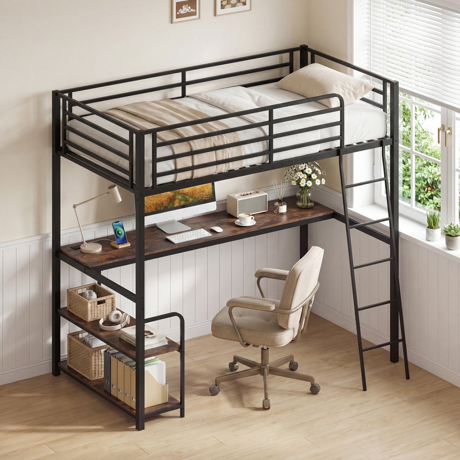 Twin Loft Bed With Desk, Shelves, Brown Bunk Bed Frame at Gallery Canada