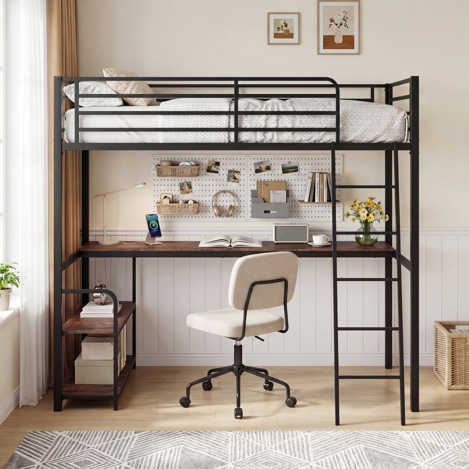 Twin Loft Bed With Desk, Shelves, Brown Bunk Bed Frame at Gallery Canada
