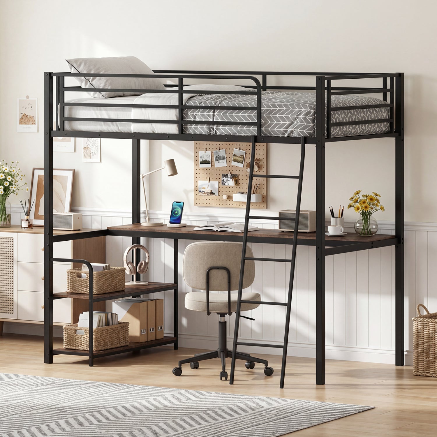 Twin Loft Bed With Desk, Shelves, Brown Bunk Bed Frame at Gallery Canada
