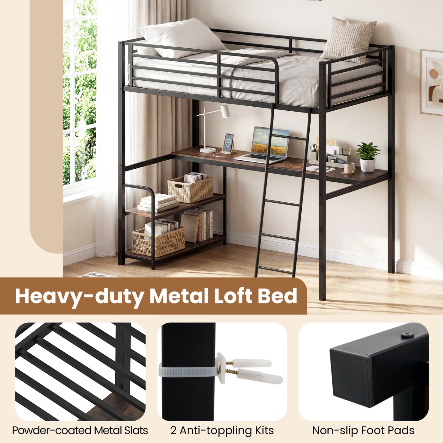 Twin Loft Bed With Desk, Shelves, Brown Bunk Bed Frame at Gallery Canada