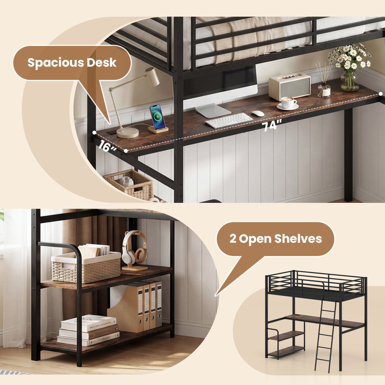 Twin Loft Bed With Desk, Shelves, Brown Bunk Bed Frame at Gallery Canada