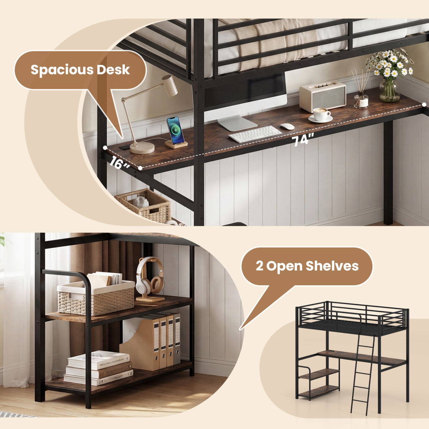 Twin Loft Bed With Desk, Shelves, Brown Bunk Bed Frame at Gallery Canada
