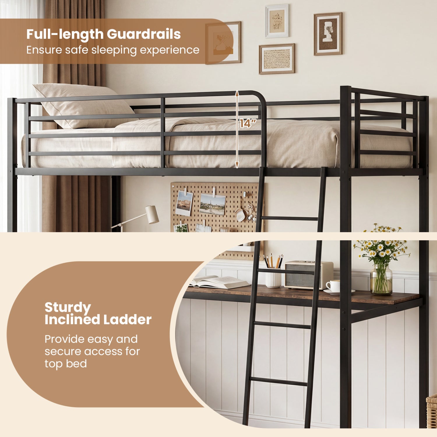 Twin Loft Bed With Desk, Shelves, Brown Bunk Bed Frame at Gallery Canada
