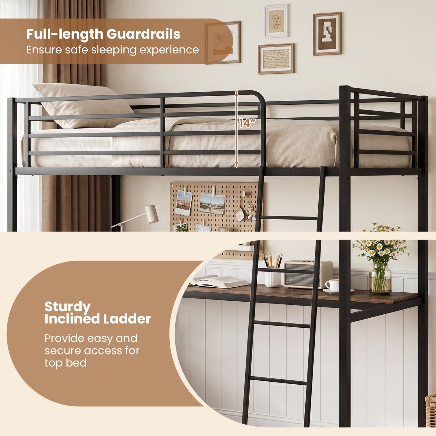 Twin Loft Bed With Desk, Shelves, Brown Bunk Bed Frame at Gallery Canada