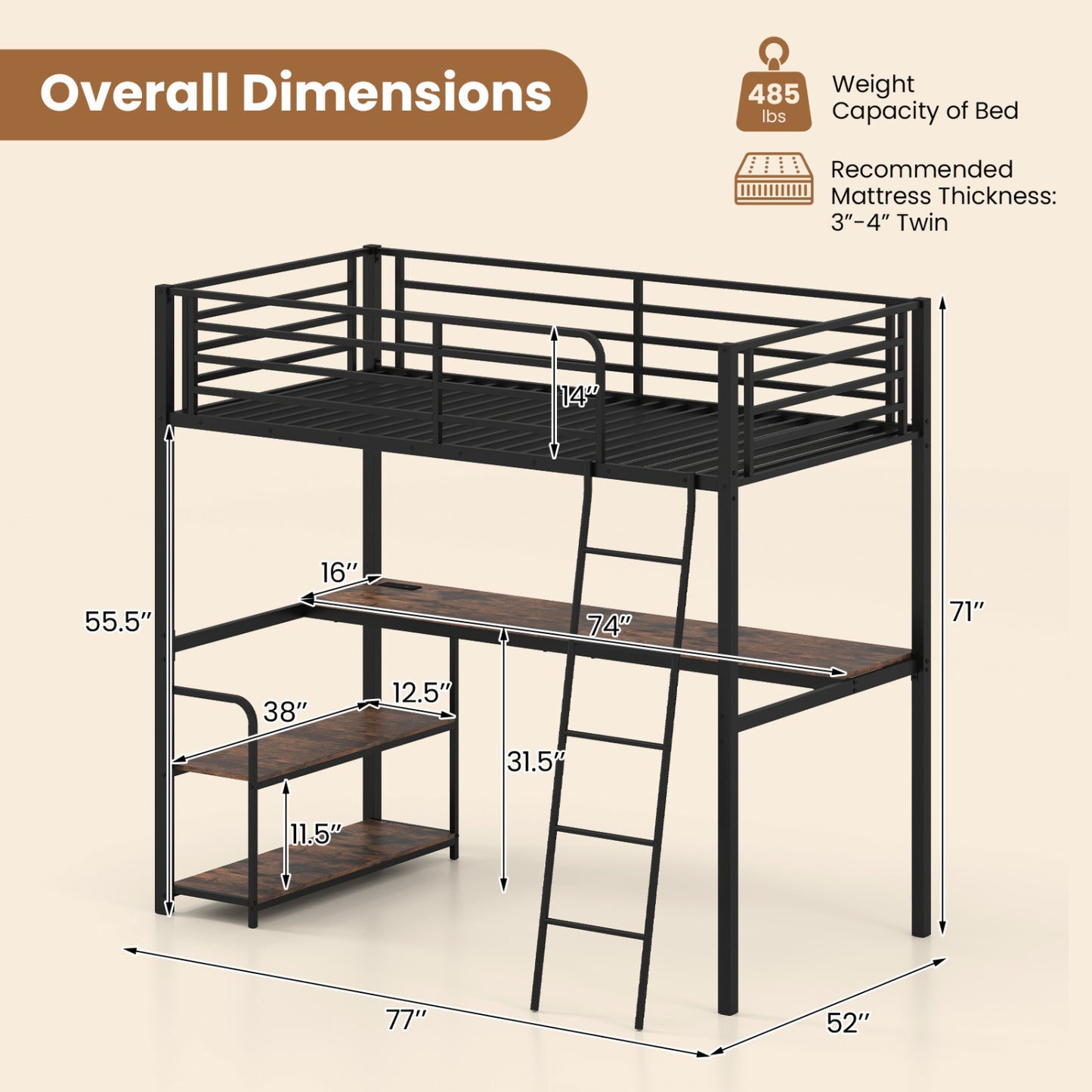 Twin Loft Bed With Desk, Shelves, Brown Bunk Bed Frame at Gallery Canada