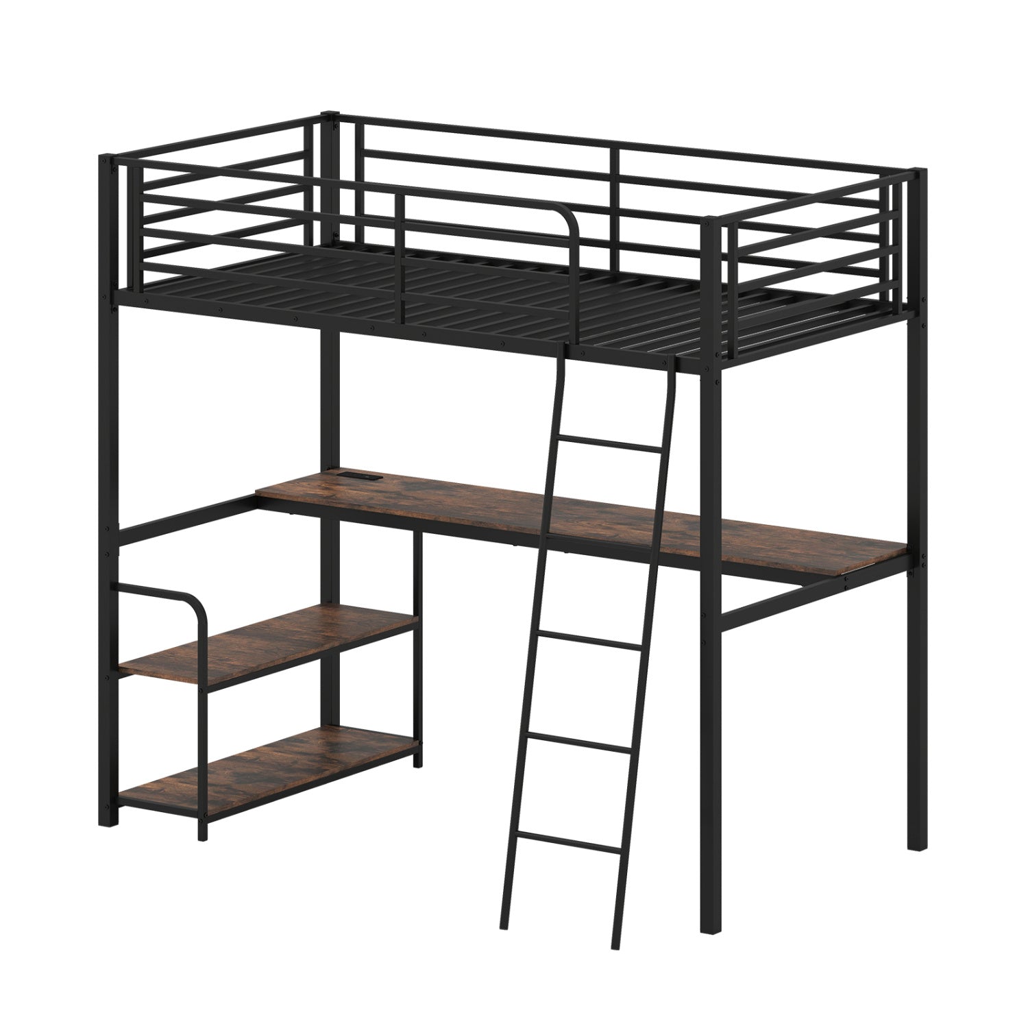 Twin Loft Bed With Desk, Shelves, Brown Bunk Bed Frame at Gallery Canada