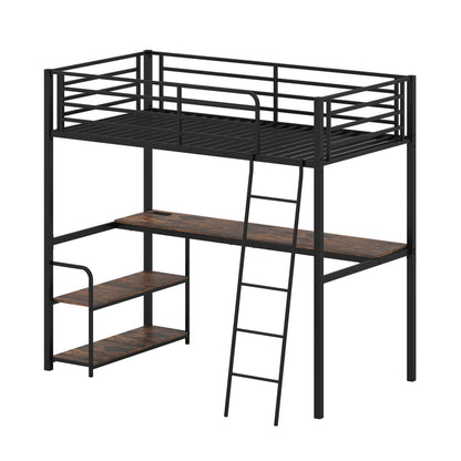 Twin Loft Bed With Desk, Shelves, Brown Bunk Bed Frame Rustic Brown at Gallery Canada