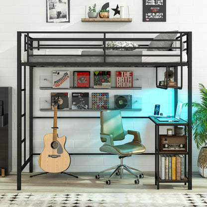 Twin Loft Bed with Desk, LED Lights, Charging Station, Black Bunk Bed Frame at Gallery Canada