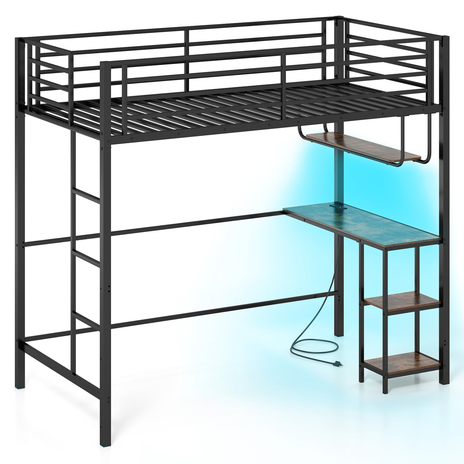 Twin Loft Bed with Desk, LED Lights, Charging Station, Black Bunk Bed Frame Black at Gallery Canada