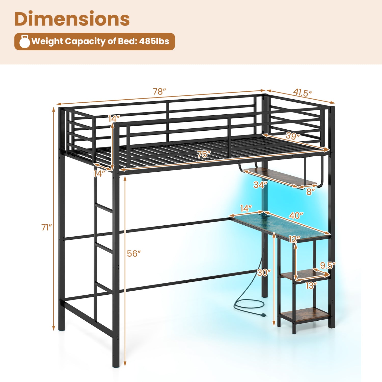 Twin Loft Bed with Desk, LED Lights, Charging Station, Black Bunk Bed Frame at Gallery Canada