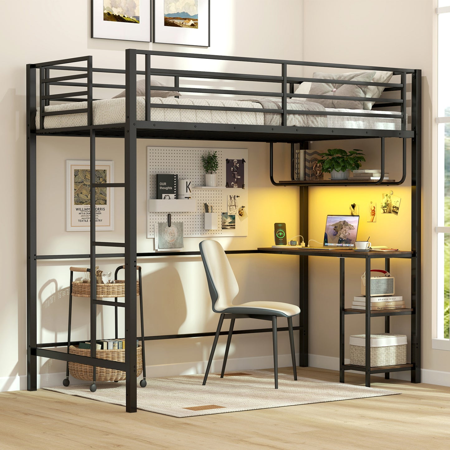 Twin Loft Bed with Desk, LED Lights, Charging Station, Black Bunk Bed Frame at Gallery Canada
