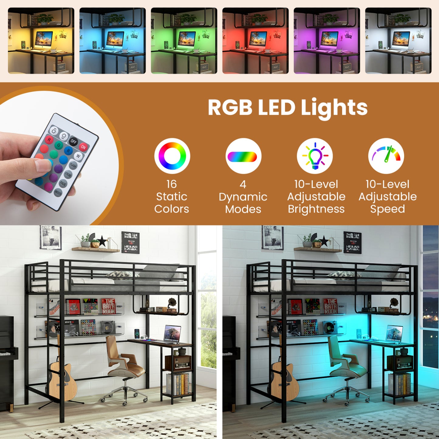 Twin Loft Bed with Desk, LED Lights, Charging Station, Black Bunk Bed Frame at Gallery Canada