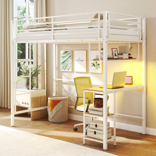 Twin Loft Bed With Desk LED Lights, Heavy-Duty Metal Frame, White Bunk Bed Frame White at Gallery Canada