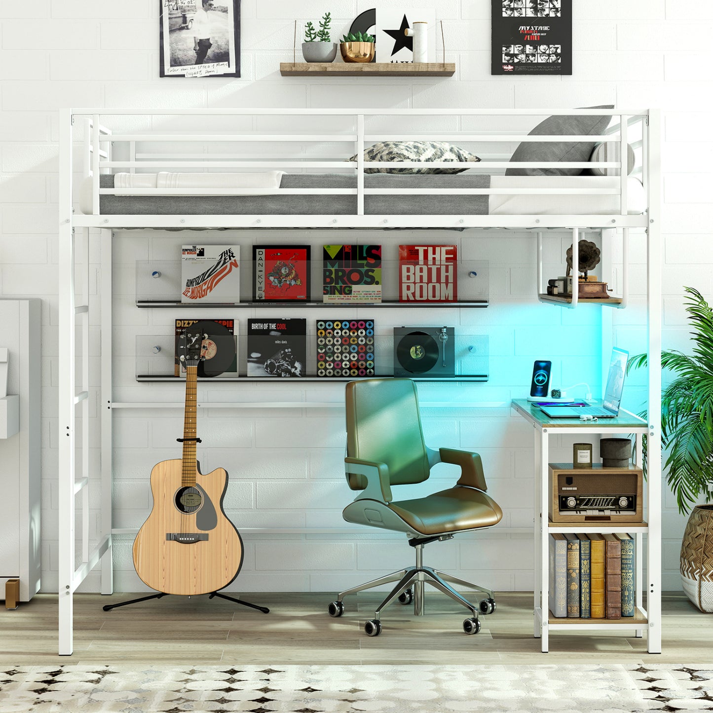 Twin Loft Bed With Desk LED Lights, Heavy-Duty Metal Frame, White Bunk Bed Frame at Gallery Canada
