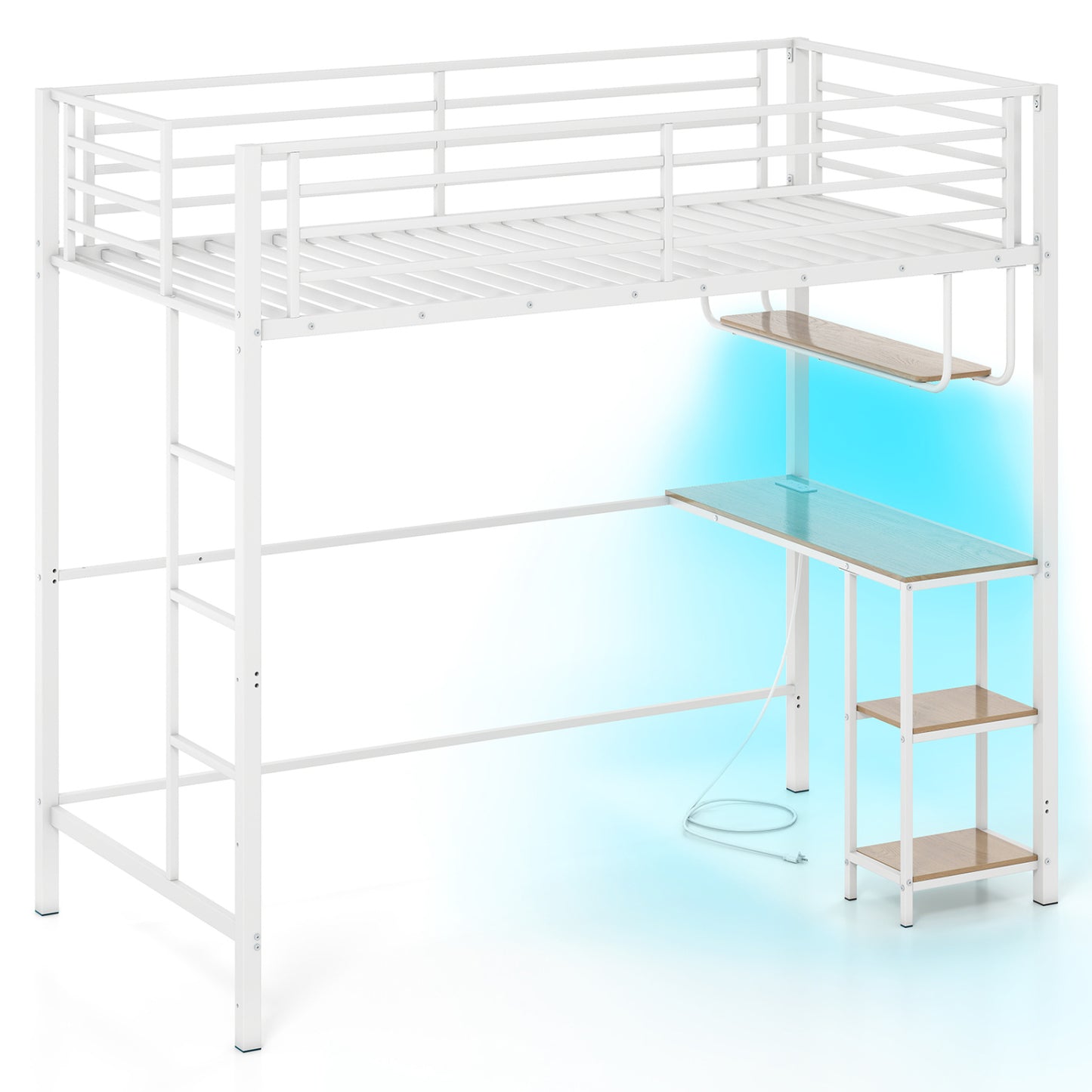 Twin Loft Bed With Desk LED Lights, Heavy-Duty Metal Frame, White Bunk Bed Frame White at Gallery Canada