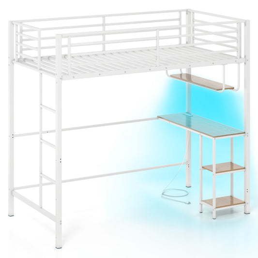 Twin Loft Bed With Desk LED Lights, Heavy-Duty Metal Frame, White Bunk Bed Frame White at Gallery Canada