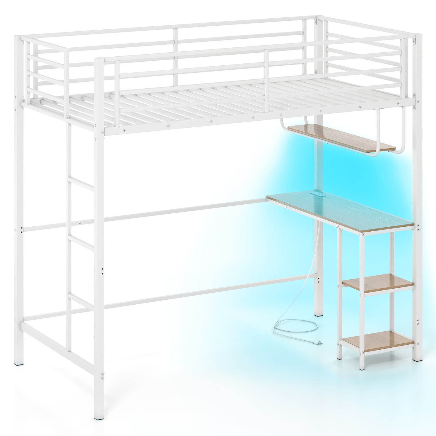 Twin Loft Bed With Desk LED Lights, Heavy-Duty Metal Frame, White Bunk Bed Frame at Gallery Canada