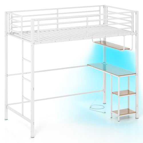 Twin Loft Bed With Desk LED Lights, Heavy-Duty Metal Frame, White
