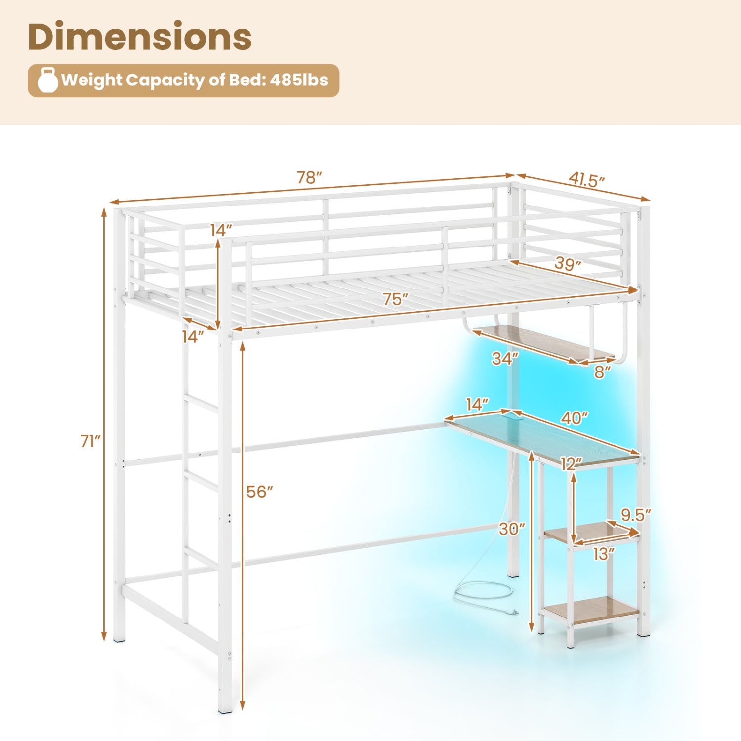 Twin Loft Bed With Desk LED Lights, Heavy-Duty Metal Frame, White Bunk Bed Frame at Gallery Canada