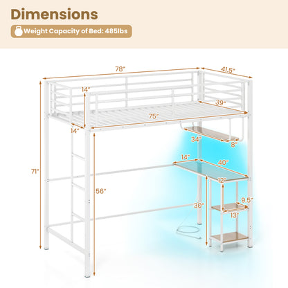 Twin Loft Bed With Desk LED Lights, Heavy-Duty Metal Frame, White Bunk Bed Frame at Gallery Canada