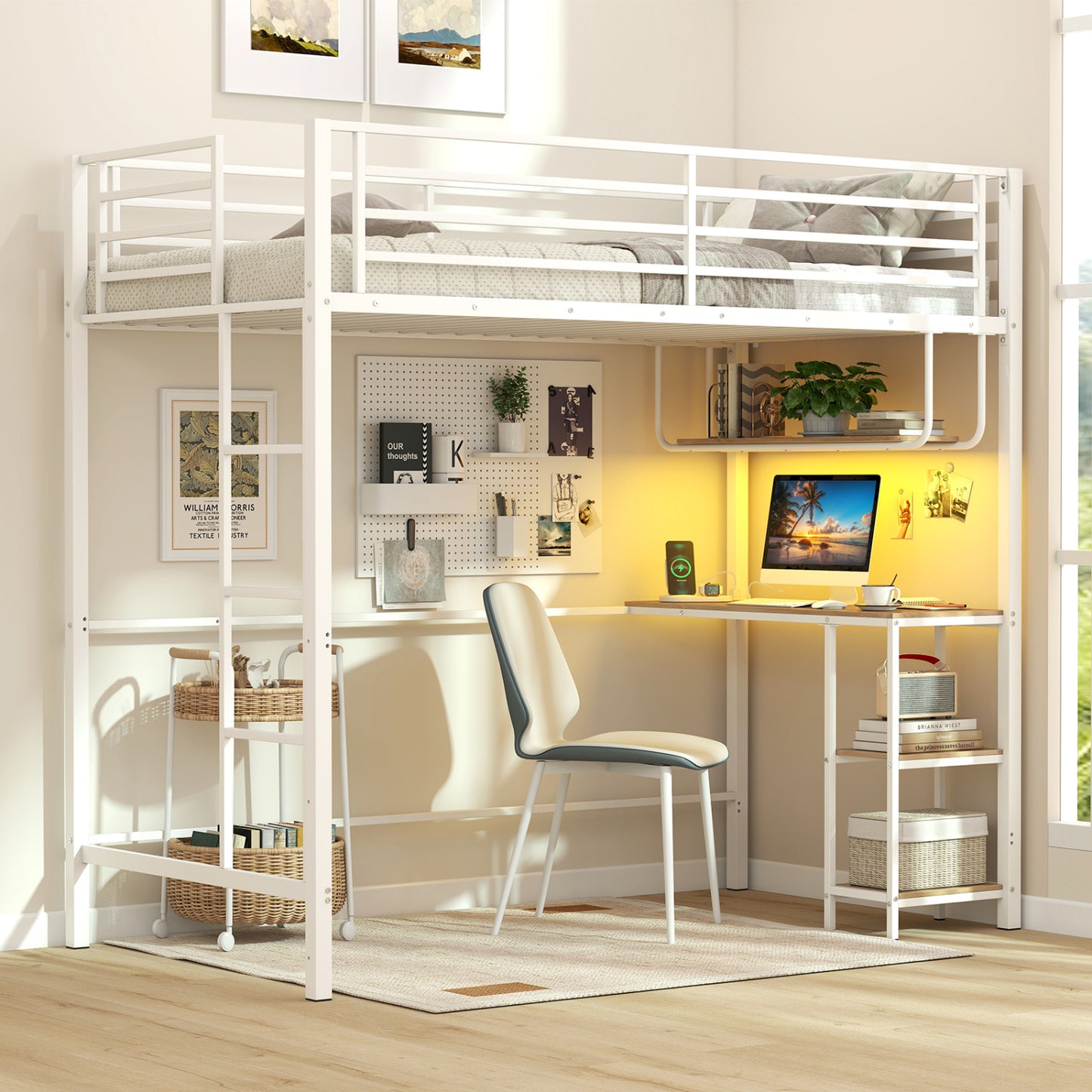 Twin Loft Bed With Desk LED Lights, Heavy-Duty Metal Frame, White Bunk Bed Frame at Gallery Canada