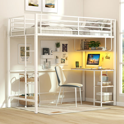 Twin Loft Bed With Desk LED Lights, Heavy-Duty Metal Frame, White Bunk Bed Frame at Gallery Canada