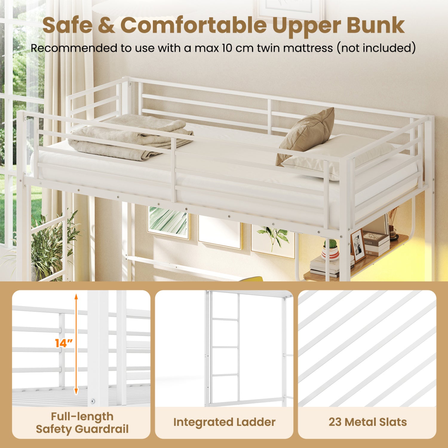 Twin Loft Bed With Desk LED Lights, Heavy-Duty Metal Frame, White Bunk Bed Frame at Gallery Canada