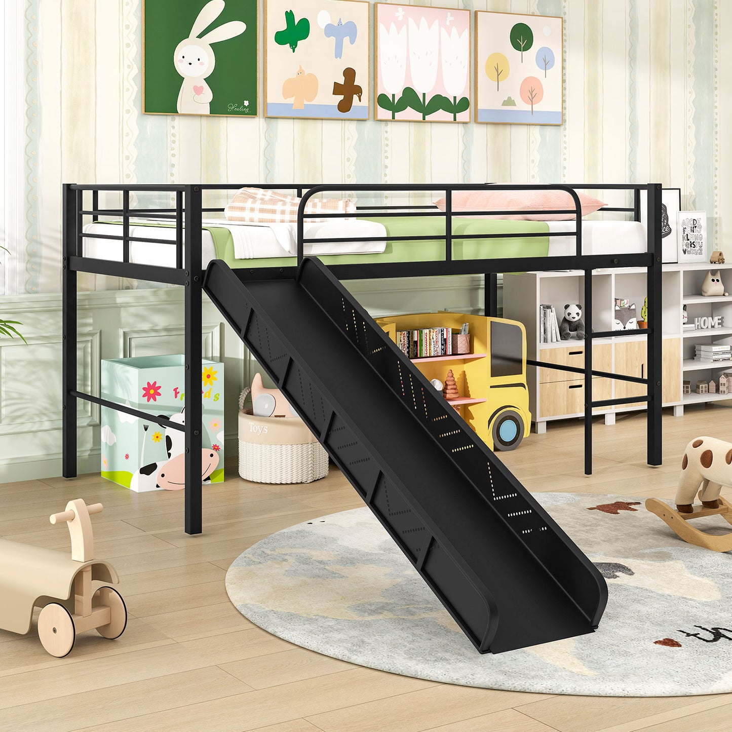 Twin Metal Loft Bed With Slide, Safety Guardrails, Built-In Ladder, Black