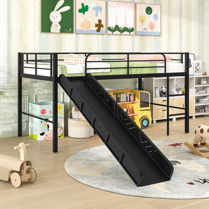 Twin Metal Loft Bed With Slide, Safety Guardrails, Built-In Ladder, Black
