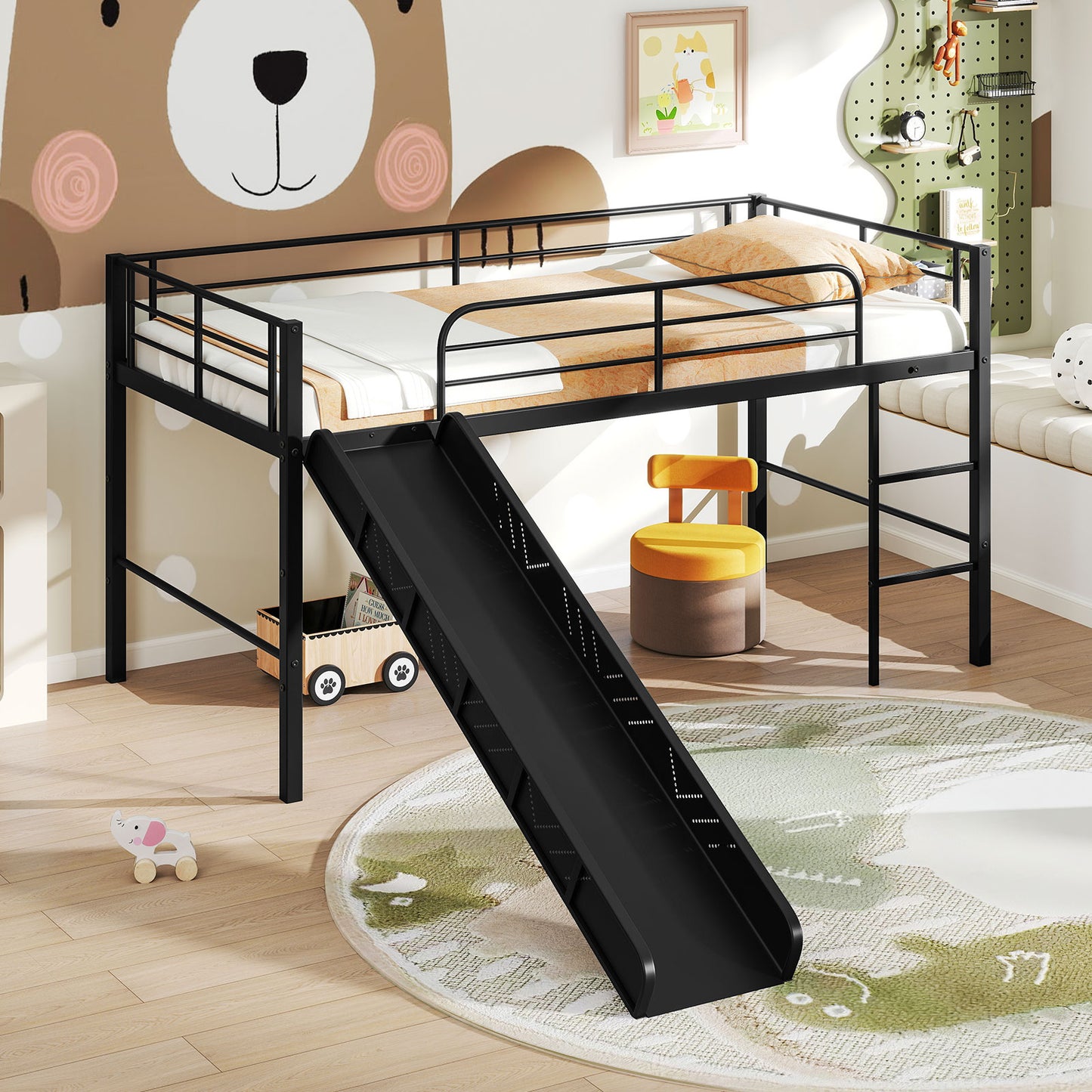 Twin Metal Loft Bed With Slide, Safety Guardrails, Built-In Ladder, Black