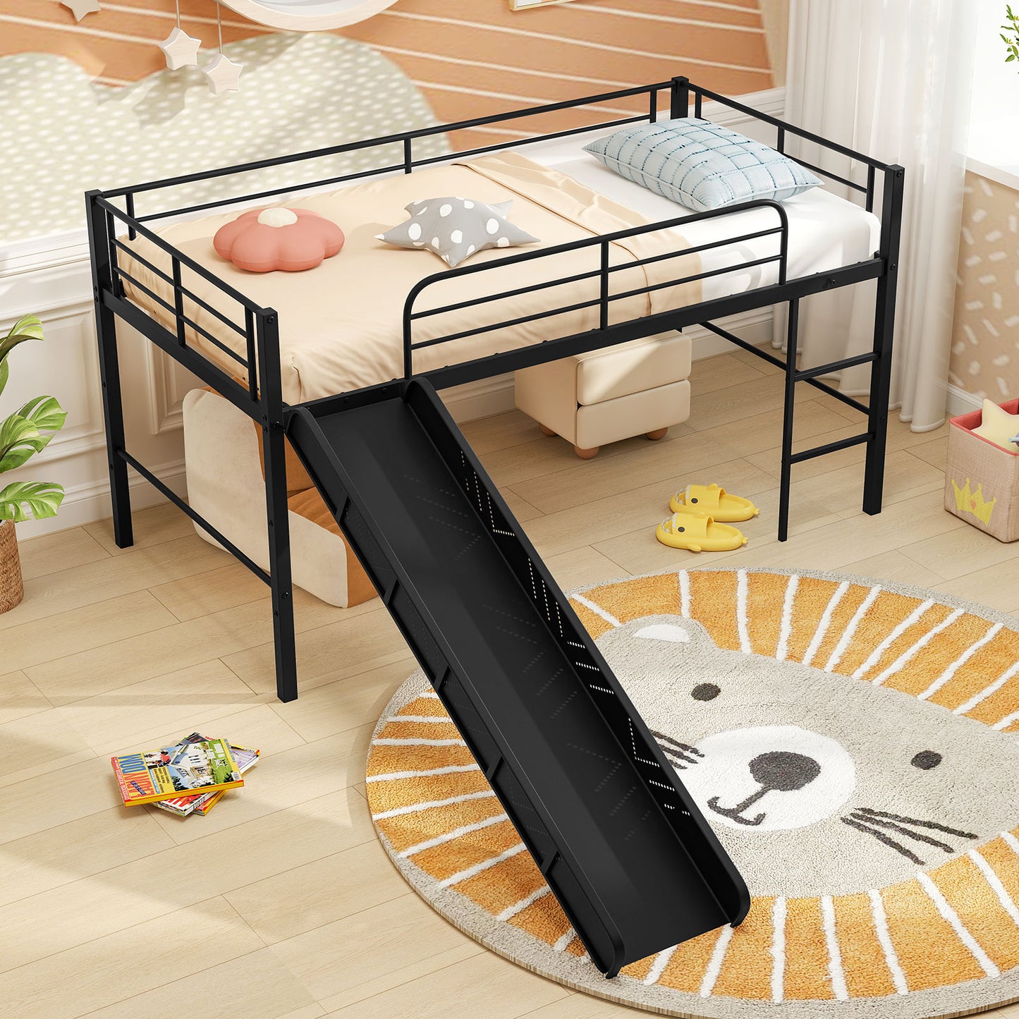 Twin Metal Loft Bed With Slide, Safety Guardrails, Built-In Ladder, Black