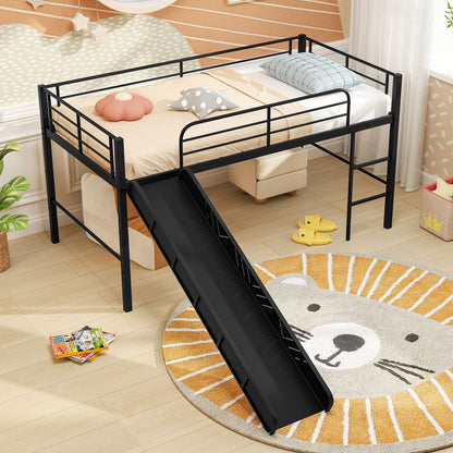 Twin Metal Loft Bed With Slide, Safety Guardrails, Built-In Ladder, Black