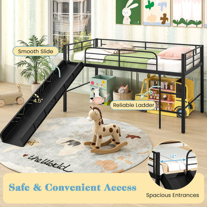Twin Metal Loft Bed With Slide, Safety Guardrails, Built-In Ladder, Black