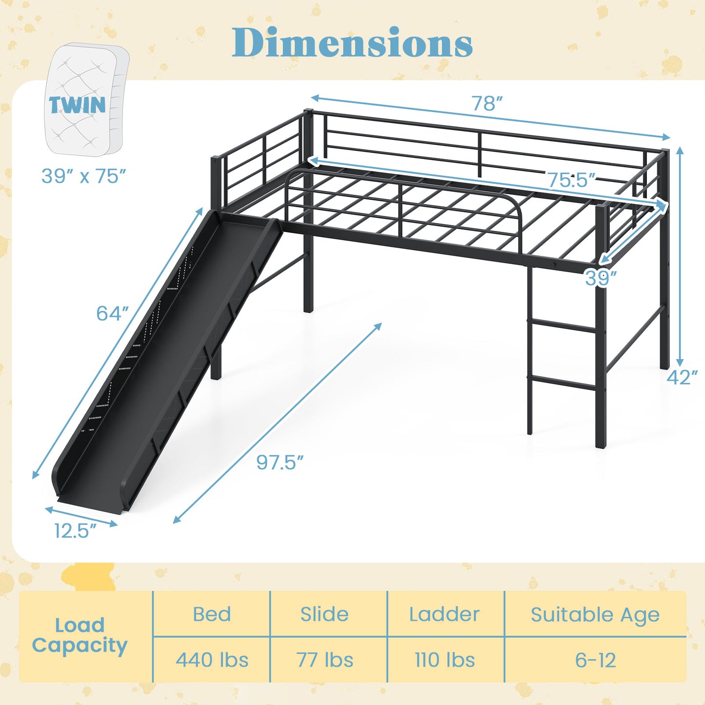 Twin Metal Loft Bed With Slide, Safety Guardrails, Built-In Ladder, Black