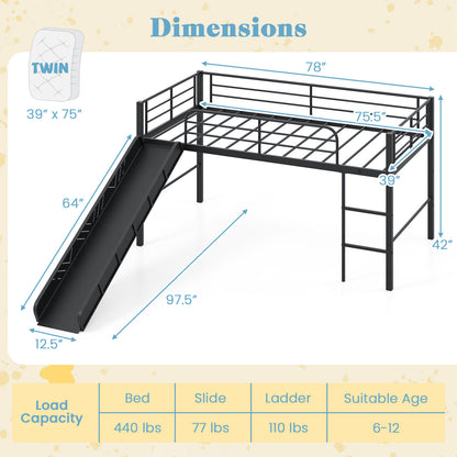 Twin Metal Loft Bed With Slide, Safety Guardrails, Built-In Ladder, Black