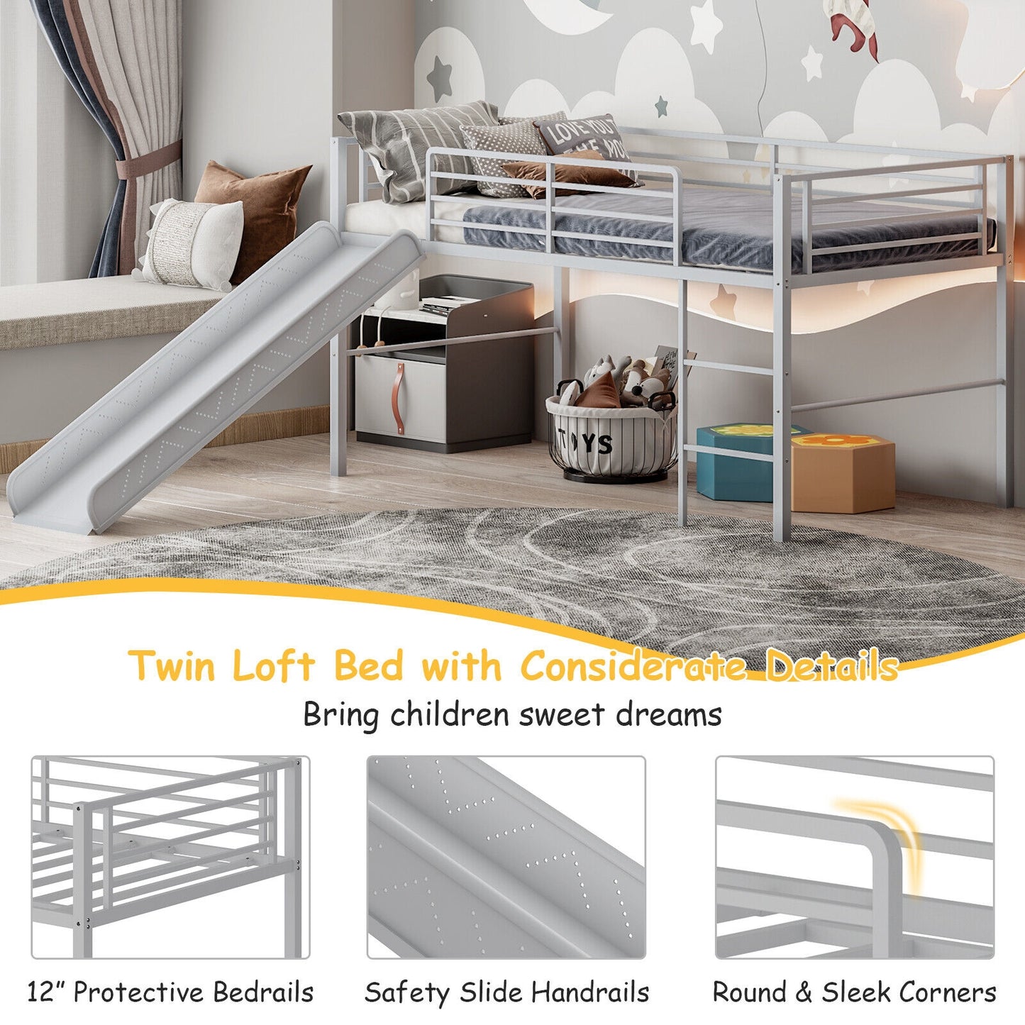 Twin Metal Loft Bed With Slide, Safety Guardrails, Built-in Ladder, Silver Bunk Bed Frame at Gallery Canada