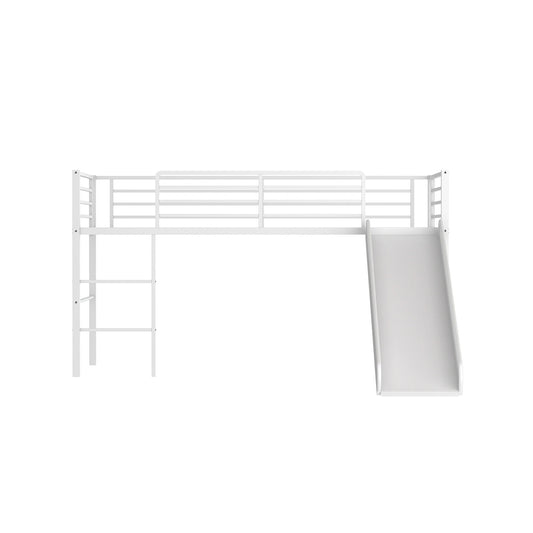 Twin Metal Loft Bed With Slide, Safety Guardrails, Built-In Ladder, White