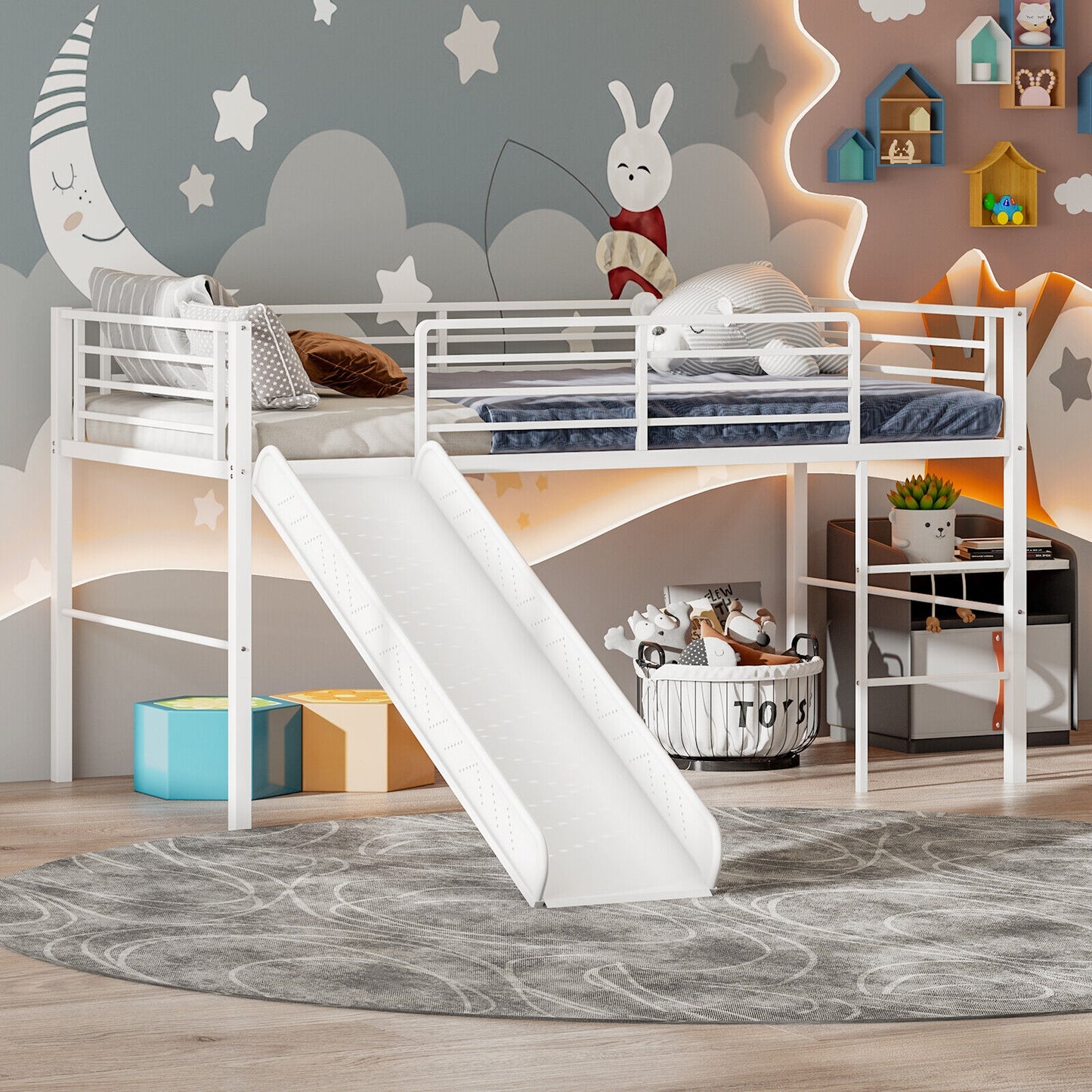 Twin Metal Loft Bed With Slide, Safety Guardrails, Built-In Ladder, White Bunk Bed Frame at Gallery Canada