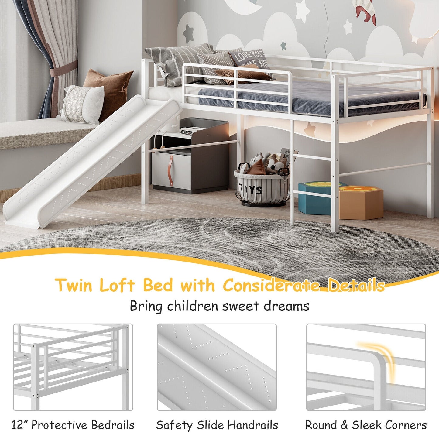 Twin Metal Loft Bed With Slide, Safety Guardrails, Built-In Ladder, White Bunk Bed Frame at Gallery Canada
