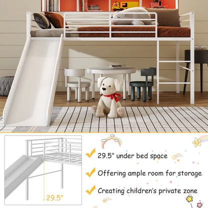 Twin Metal Loft Bed With Slide, Safety Guardrails, Built-In Ladder, White Bunk Bed Frame at Gallery Canada