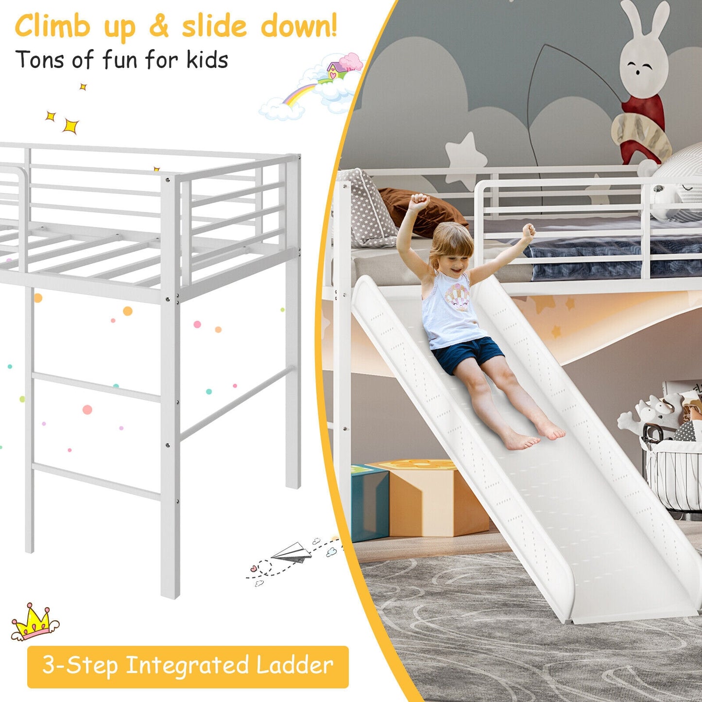Twin Metal Loft Bed With Slide, Safety Guardrails, Built-In Ladder, White Bunk Bed Frame at Gallery Canada
