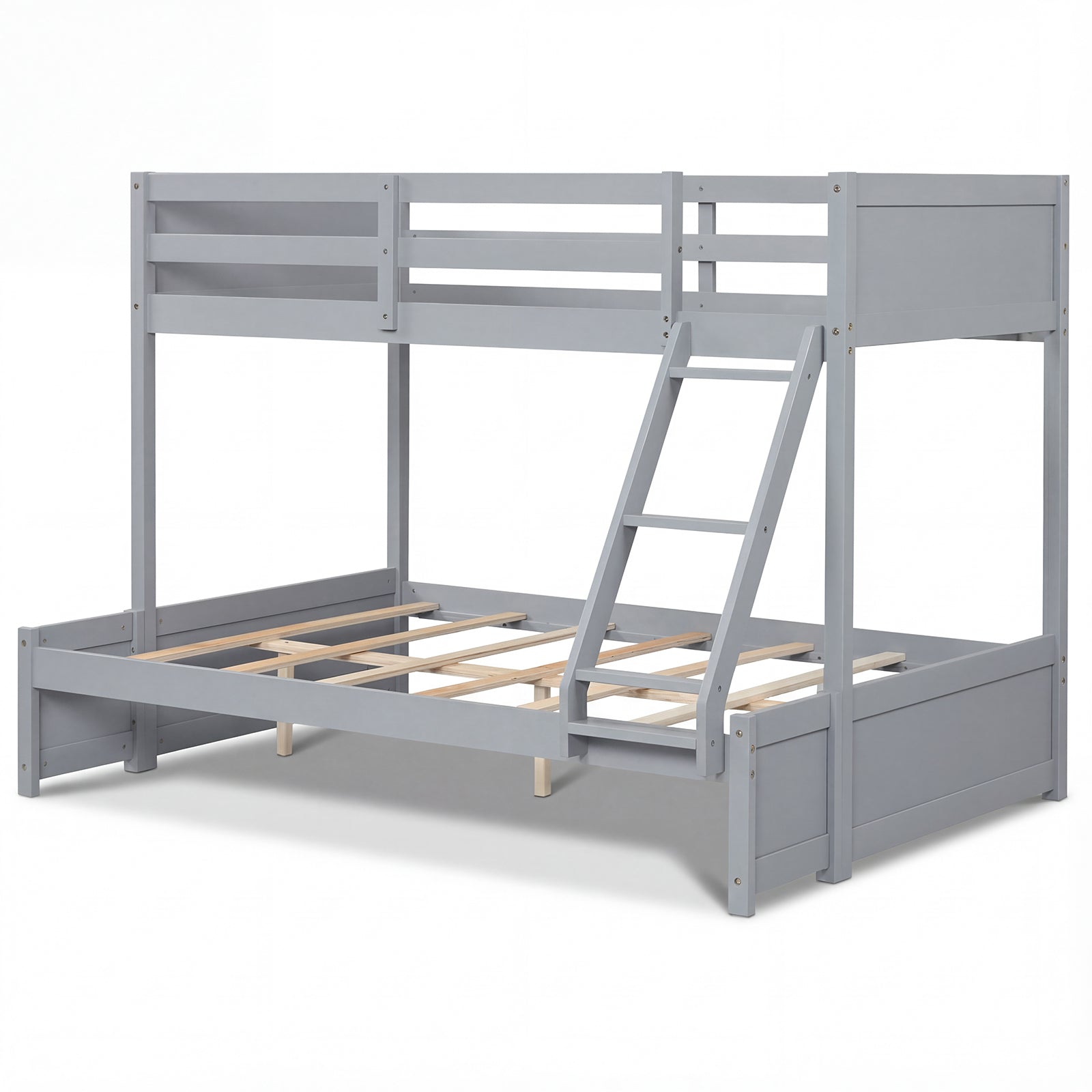 Twin Over Full Bunk Bed with 3-Step Ladder and Full-Length Guardrails, Gray Bunk Bed Frame Gray at Gallery Canada